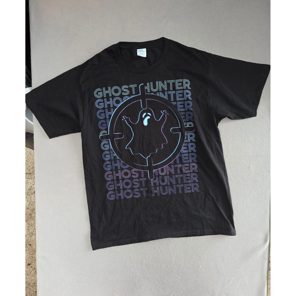 Port & Company Ghost Hunter Graphic T-Shirt Mens Large Black Short Sleeve Tee